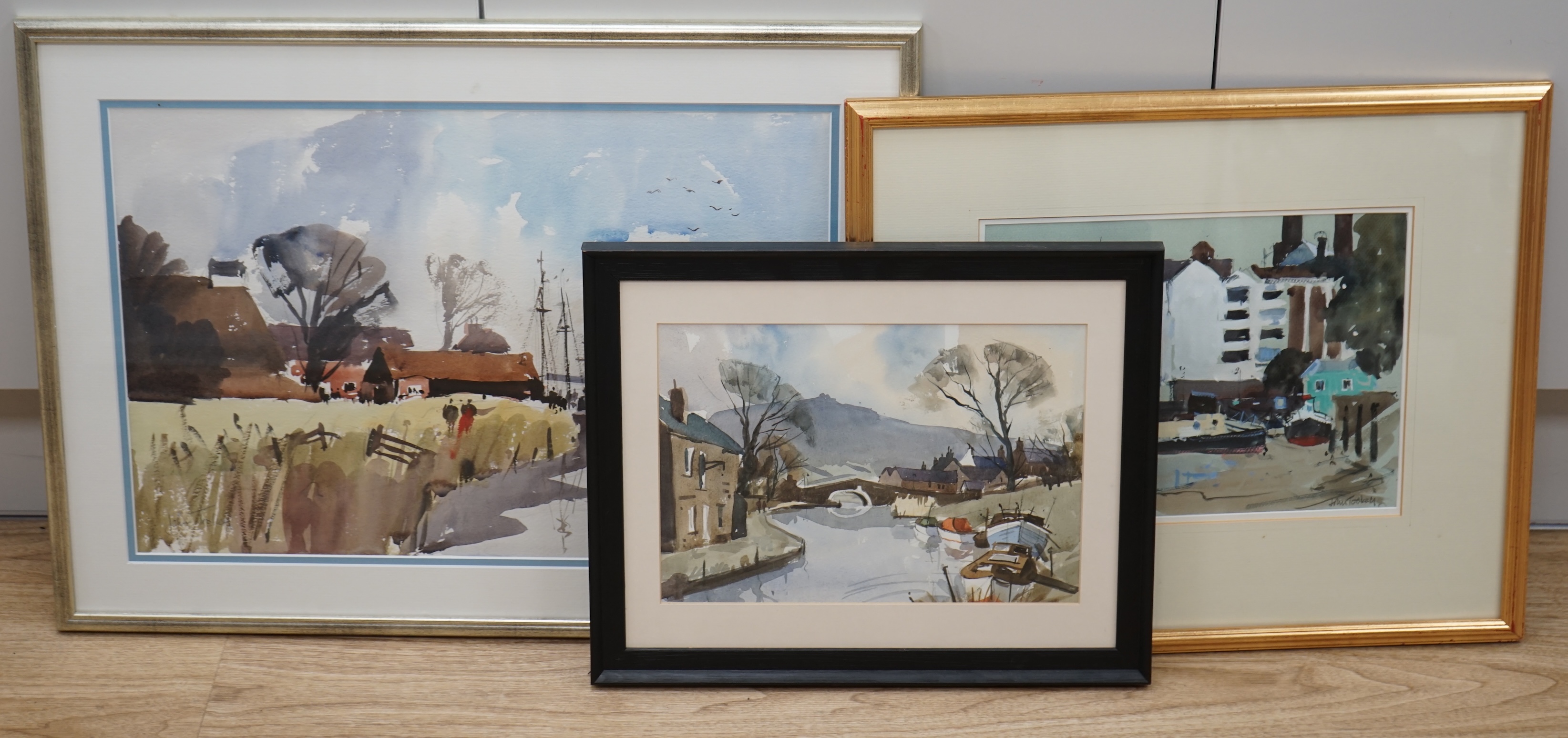 John Tookey (b.1947), three watercolours, including 'The Thames, Chelsea', two signed, largest 32 x 49cm. Condition - fair to good, some light discolouration and fading